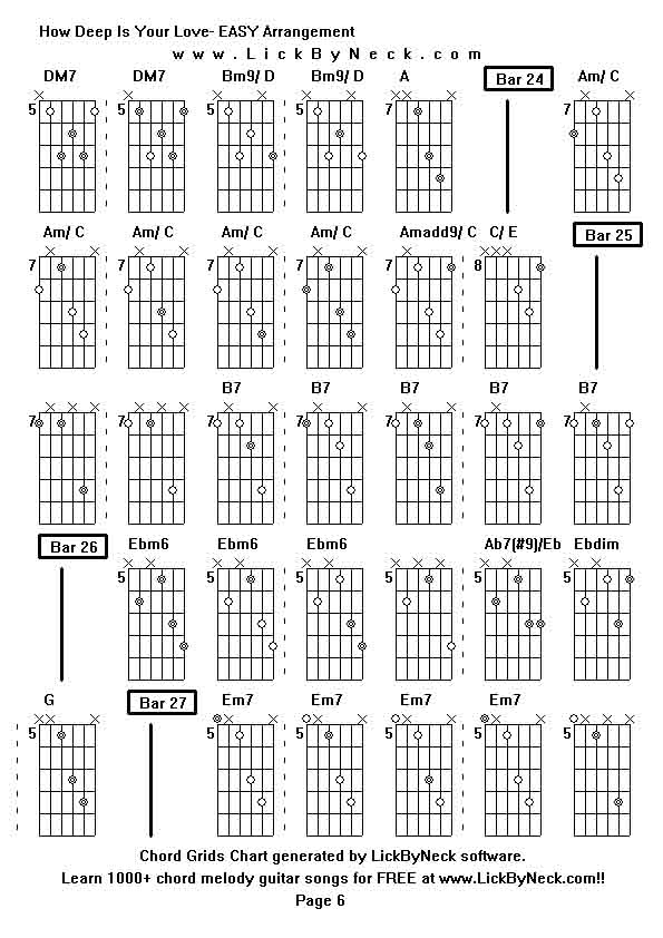 Chord Grids Chart of chord melody fingerstyle guitar song-How Deep Is Your Love- EASY Arrangement,generated by LickByNeck software.